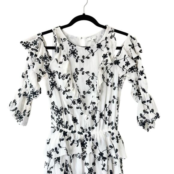 Joie Alpheus White & Black Floral Eyelet Ruffled Silk Dress Size Small - Picture 3 of 7